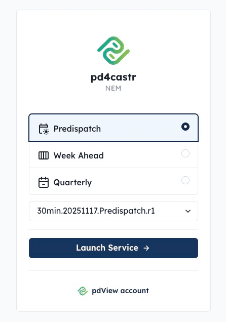 The pd4castr model selection screen